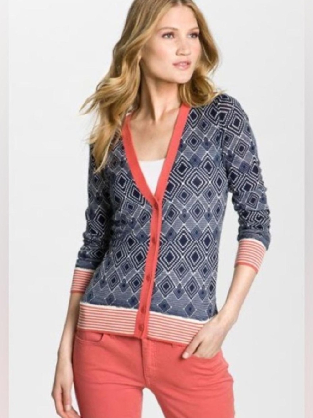 Tory Burch Navy Geometric Print Cardigan with Coral Trim Wool Preppy